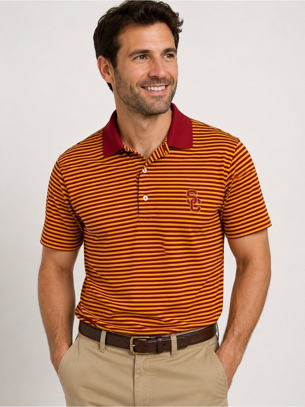 Peter Millar Mens USC Crimson Gold Striped Golf Polo Shirt 100%Cotton sz M